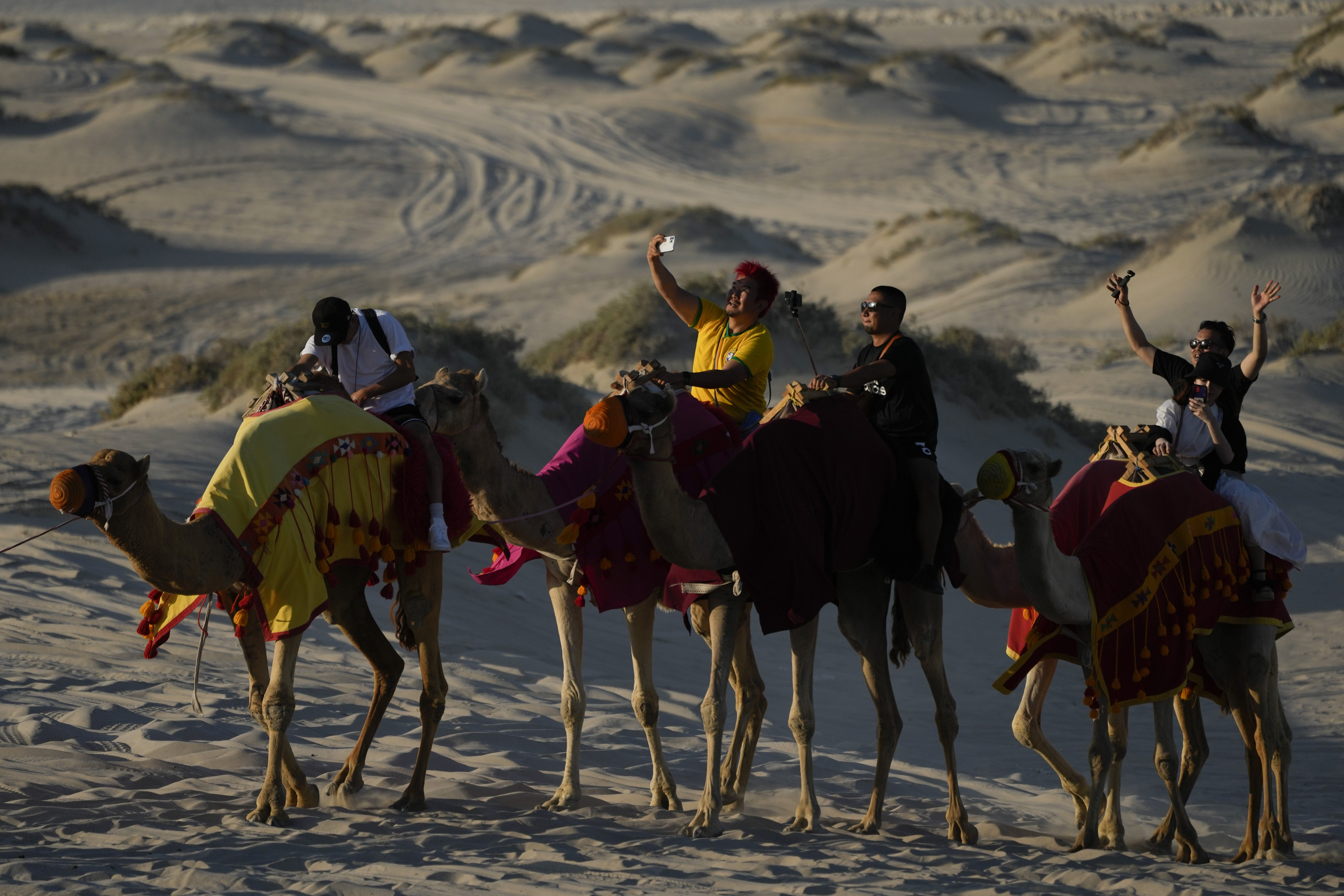 People take selfies while riding camels in Mesaieed, Qatar. Photo / AP