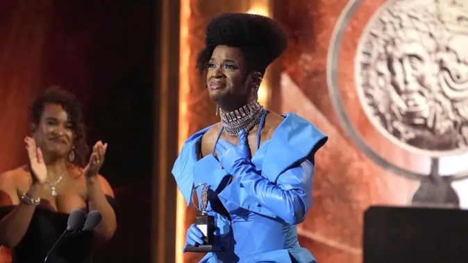 J Harrison Ghee accepts the award for best performance by an actor in a leading role in a musical for "Some Like It Hot". Photo / AP