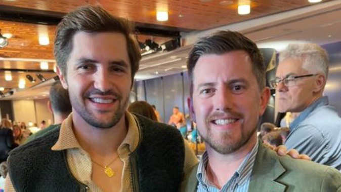 Phil Dunster, famed for his role on hit show Ted Lasso, pictured with Auckland councillor Richard Hills at last night's FIFA Women's World Cup game at Eden Park. Photo / Twitter