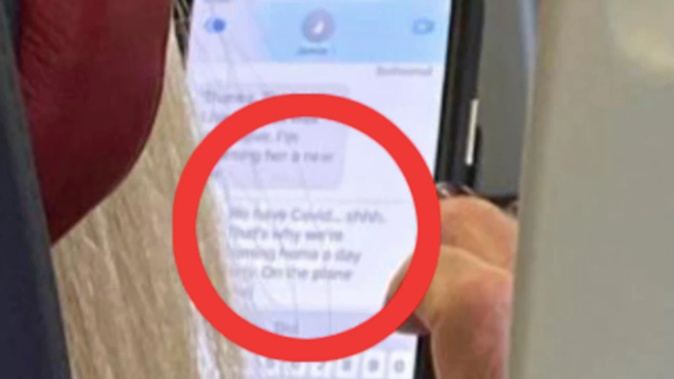 A female passenger divided critics on Reddit after purporting to spot a fellow passenger's text, in which they claimed to have contracted Covid-19. Photo / Reddit