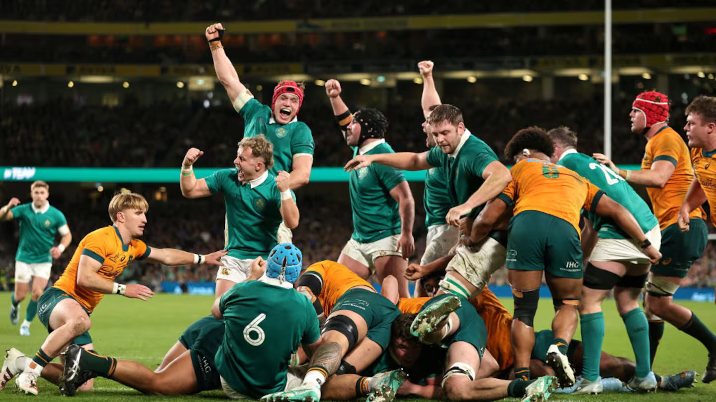 Ireland celebrate Gus McCarthy's try against Australia. Photo / Getty Images