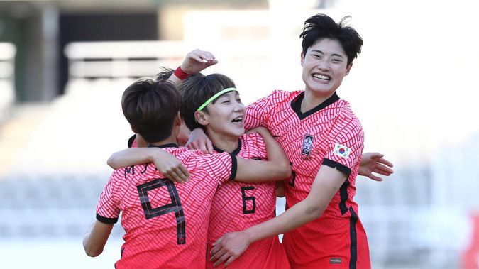 South Korea celebrate their winning goal against the Football Ferns. (Photo / Getty)