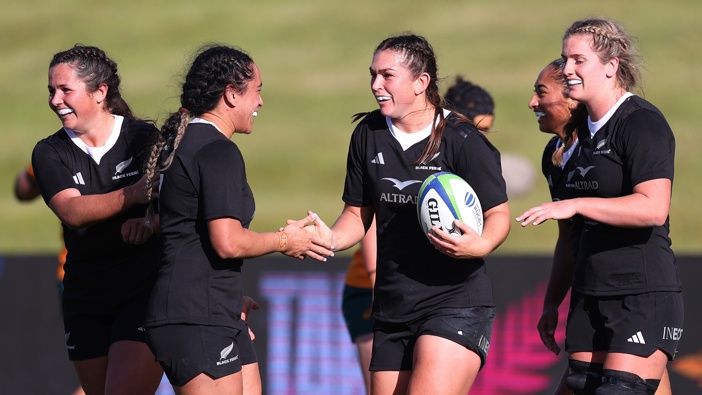 Georgia Ponsonby of the Black Ferns celebrates with teammates after scoring their teams sixth try during the 2024 Pacific Four Series Round 4 & 2024 O'Reilly Cup 1st Test match between New Zealand Black Ferns and Australia Wallaroos at North Harbour Stadium on May 25, 2024 in Auckland, New Zealand. (Photo by Fiona Goodall - World Rugby/World Rugby via Getty Images)