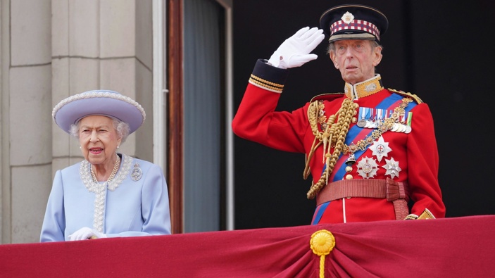 Queen Elizabeth II and the Duke of Kent watch from the balcony of Buckingham Palace after the Trooping the Color ceremony in London, Thursday, June 2, 2022, on the first of four days of celebrations to mark the Platinum Jubilee. Photo / AP