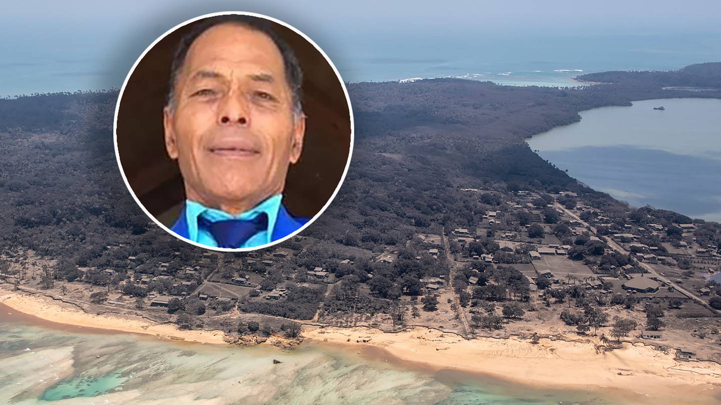 Lisala Folau (inset) swam for 28 hours from Atataa to Tongatapu in Tonga, about 7.5km, after being swept out to sea following the volcanic eruption of Hunga Tonga Hunga Ha'apai volcano. Photo / Supplied