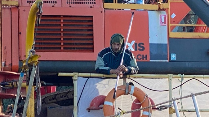 Warren Matehaere occupied a Heron Construction barge for days at the Kennedy Point marina. Photo / Supplied