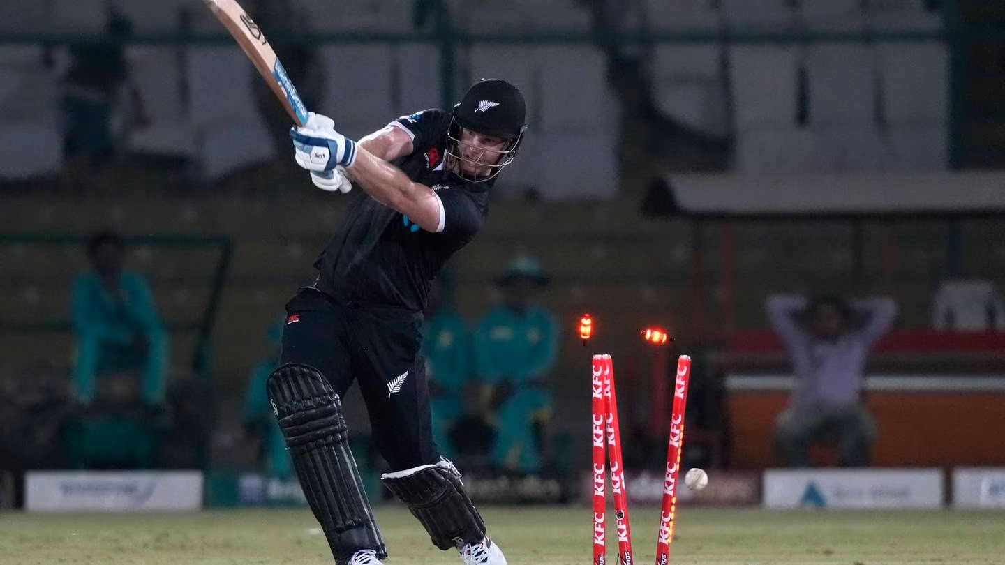 Black Caps all-rounder James Neesham is bowled by Pakistan's Haris Rauf. Photo / AP