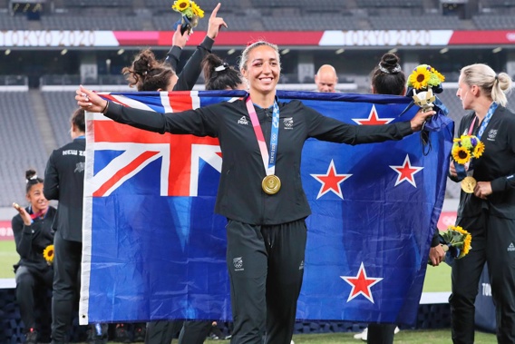 Black Ferns sevens captain Sarah Hirini celebrates winning the gold medal at the Tokyo Olympics. Photo / Photosport