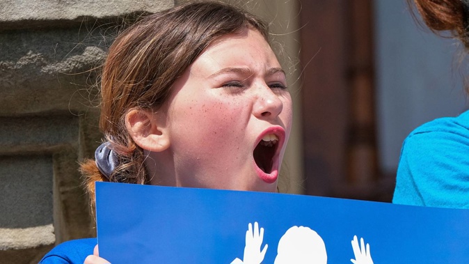 Riley P, 10, from Milan, holds up a sign on the steps of the State Capitol in Lansing, Michigan, at a gun control rally. Photo / AP