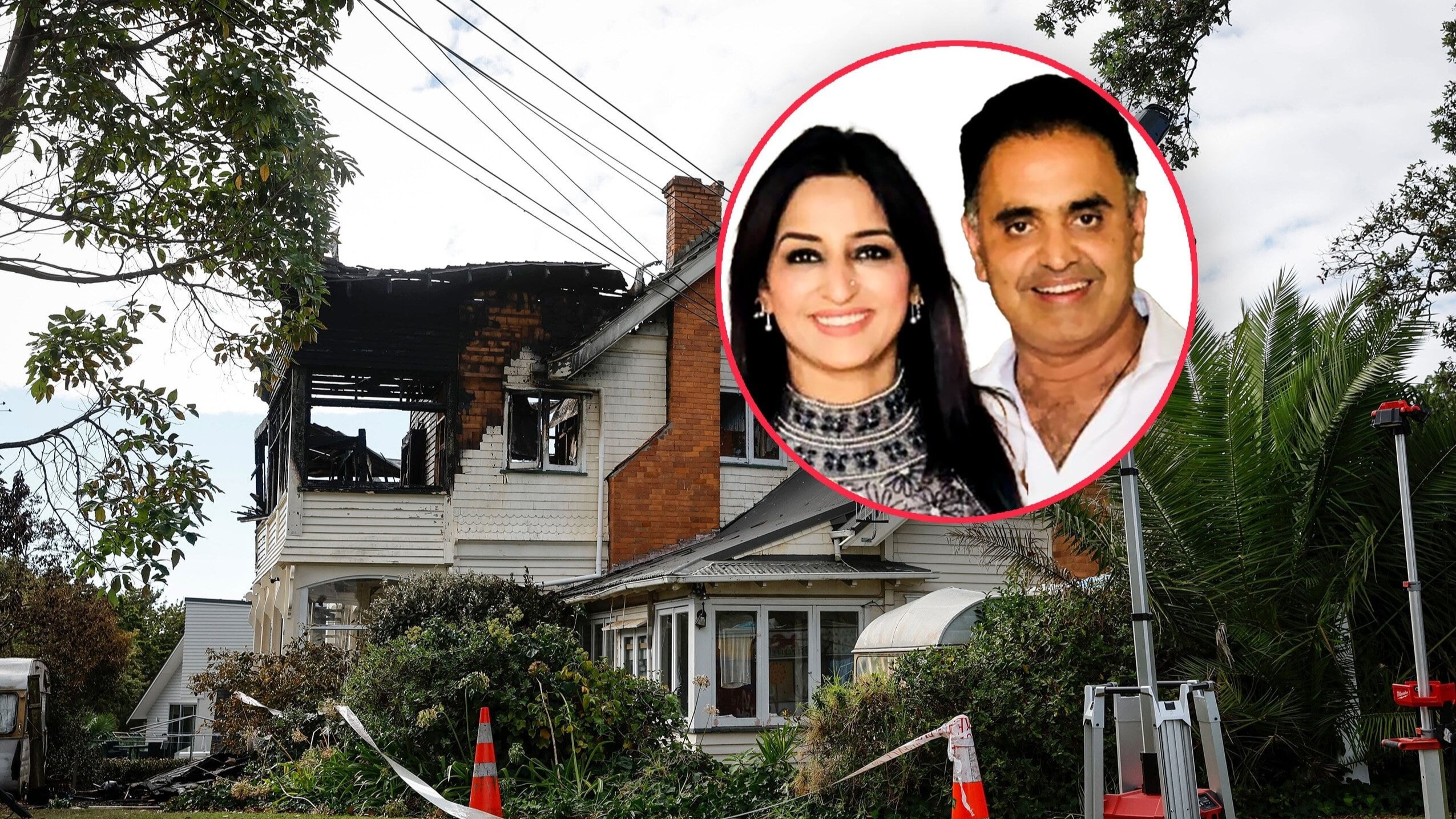 Fire investigators at the scene of a large fire at City Garden Lodge in Parnell. Inset the owners of the property, Seema and Suresh Chatly. Photo / Michael Craig