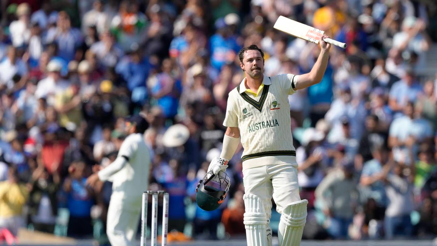 Australia's Travis Head celebrates after reaching 100 on the first day of the ICC World Test Championship Final between India and Australia at The Oval. Photo / AP