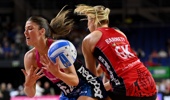 Georgia Heffernan of the Steel and Ash Barnett of the Tactix tussle for the ball during the ANZ Premiership netball match, Tactix Vs Southern Steel, at Wolfbrook Arena, Christchurch, New Zealand, 11th April 2026. Photo / Photosport