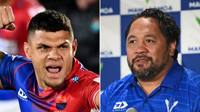 Moana Pasifika standout Levi Aumua (left) should be playing for the likes of Samoa, according to coach Seilala Mapusua (right). Photos / Photosport