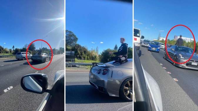A driver allegedly parked his car in the middle lane of Auckland's State Highway 1 and meditated on the roof. Photo / Supplied