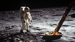 Astronaut Buzz Aldrin is pictured here walking on the surface of the moon near a leg of the lunar module during the Apollo 11 mission.