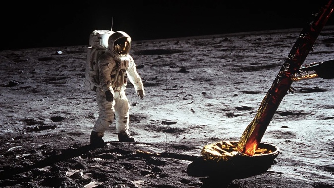 Astronaut Buzz Aldrin is pictured here walking on the surface of the moon near a leg of the lunar module during the Apollo 11 mission.