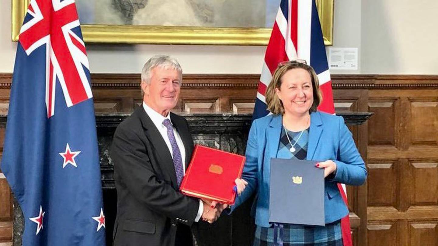 The Free Trade Agreement was signed in London by Damien O'Connor and the UK Secretary of State for International Trade Anne-Marie Trevelyan. (Photo / Supplied)