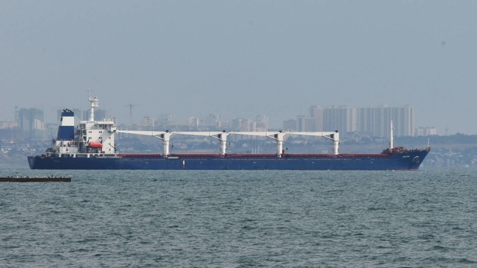 The bulk carrier Razoni starts its way from the port in Odesa, bound for Lebanon. Photo / Michael Shtekel, AP