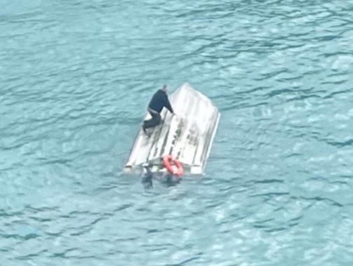 Photo from a helicopter circling the charter boat that capsized near Kaikōura, killing five people.