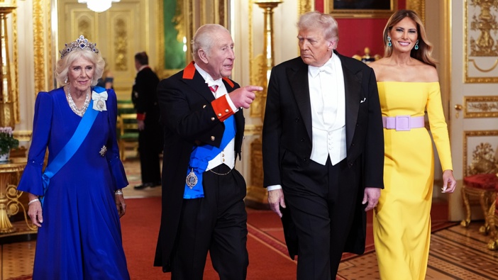 U.S. President Donald Trump, (2nd R) First Lady Melania Trump, (R) King Charles III and Queen Camilla (L) arrive for the State Banquet hosted by King Charles III and members of the Royal Family at Windsor Castle during the state visit by the President of the United States of America on September 17, 2025 in Windsor, England. (Photo by Doug Mills-Pool/Getty Images)