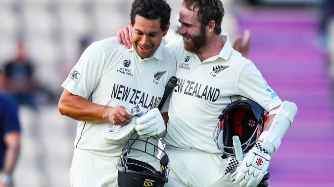 Ross Taylor and Kane Williamson celebrate winning the World Test Championship. (Photo / Getty)