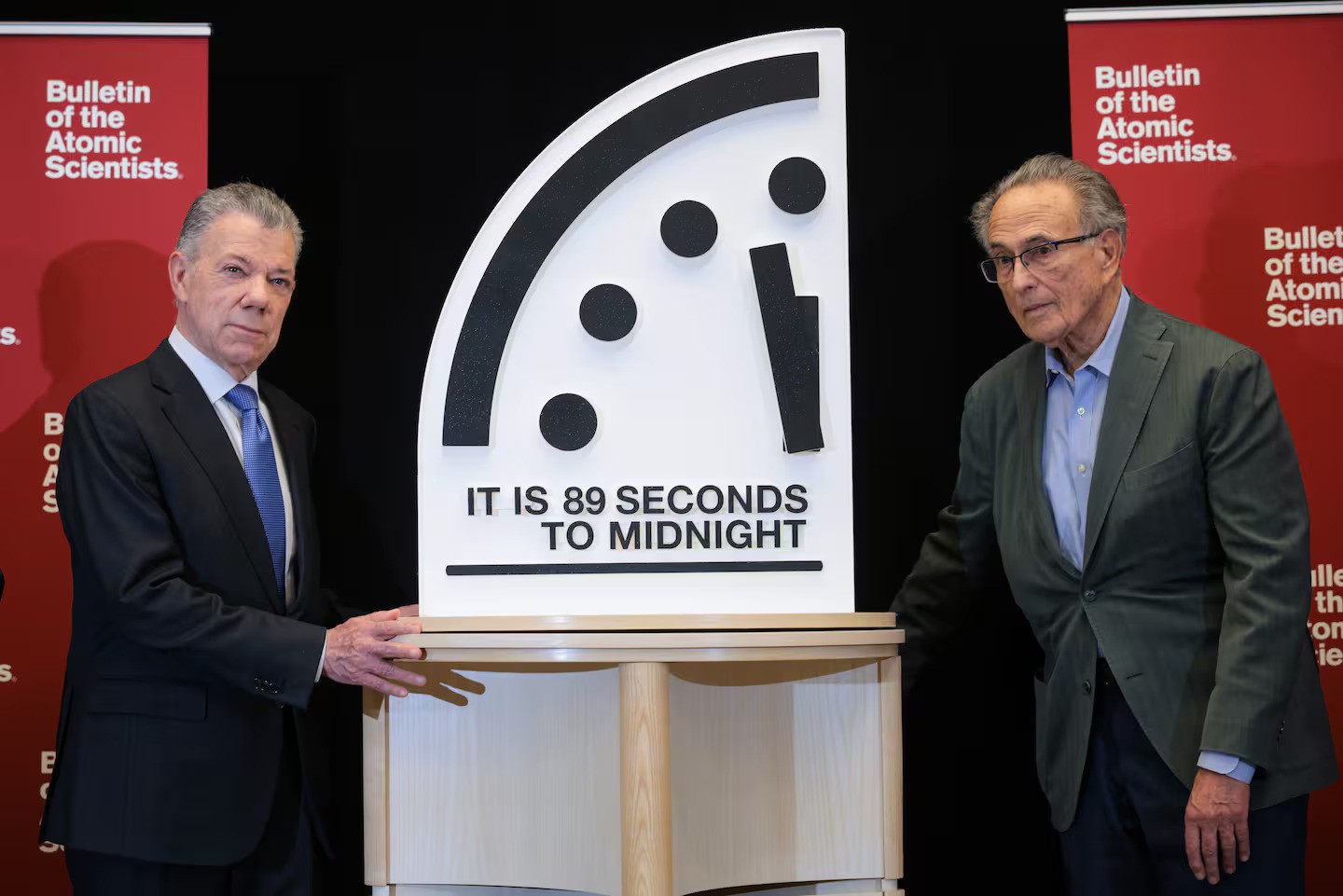 Juan Manuel Santos and Robert Socolow reveal the 2025 Doomsday Clock time at the United States Institute of Peace on January 28, 2025 in Washington, DC. Photo / Getty Images