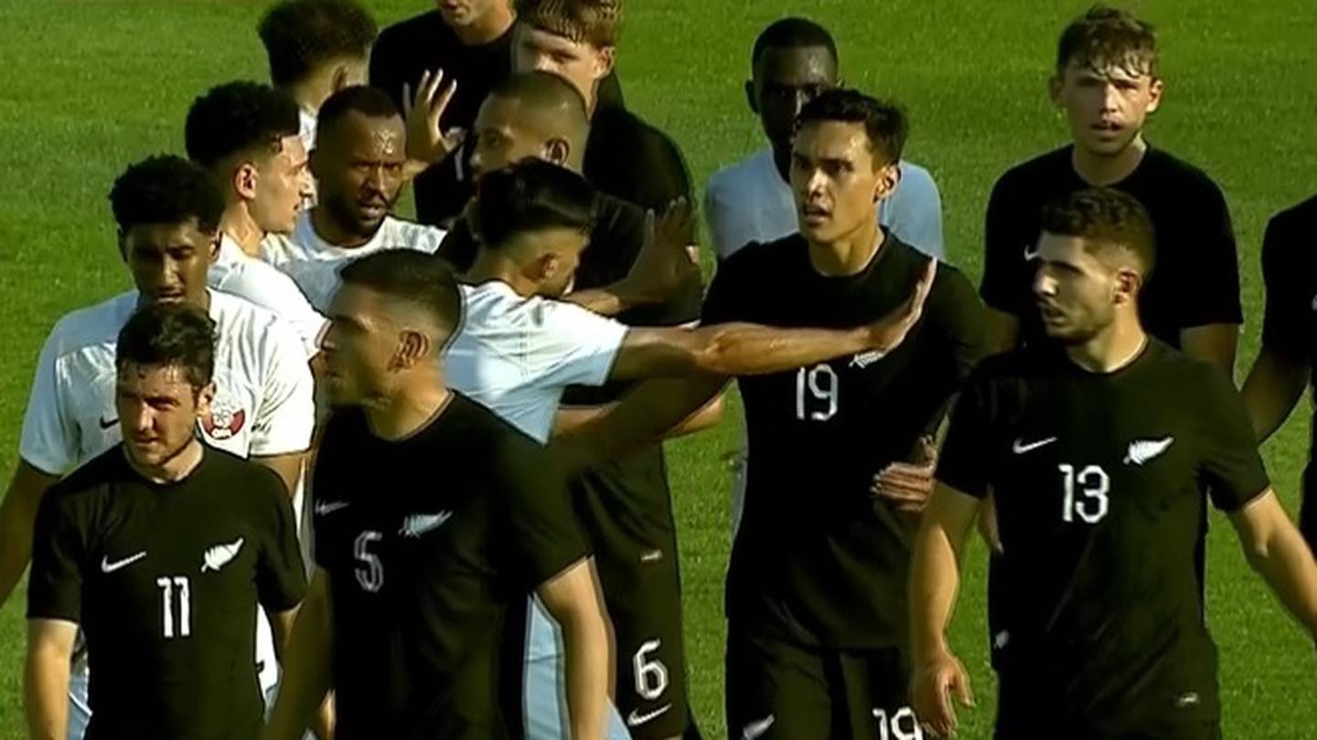 Members of the All Whites surround Qatar players following an incident during their friendly in Austria. Photo / Sky Sport