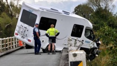 The Eyre River bridge, near Oxford in North Canterbury, earlier today after a Maui campervan driven by a tourist ploughed through the side of the one-lane bridge, leaving the front half of the vehicle hanging above the riverbed. Photo / Shelley Topp