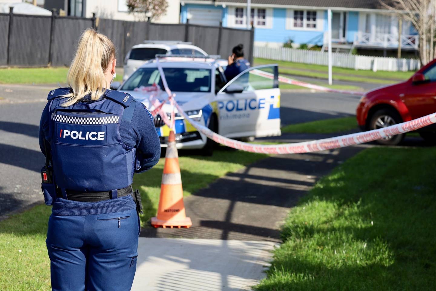 Police at the scene of the Clendon Park property of Moncrieff Ave on August 12. Photo / Jed Bradley
