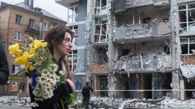 A high-rise residential building in the Shevchenkivskyi district was heavily damaged by a Russian drone strike in Kyiv, Ukraine. Photo / Getty Images