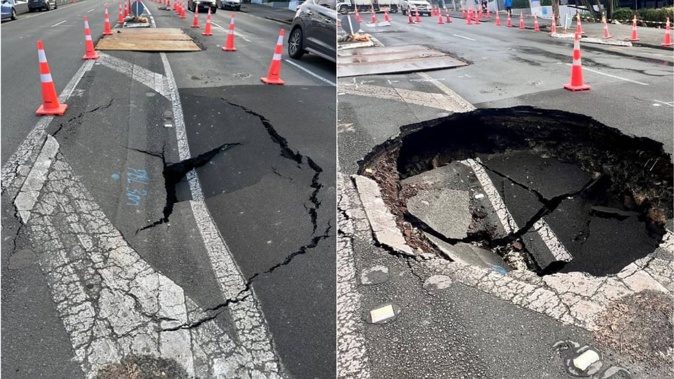 The sink hole at 3pm on Monday compared to just after midday yesterday. Photo / RNZ