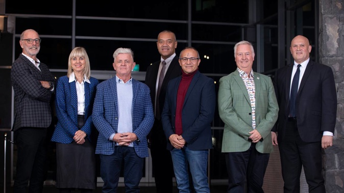 Auckland mayoral candidates Wayne Brown (left), Viv Beck, Leo Molloy, Efeso Collins, Craig Lord, Gary Brown and Ted Johnston. (Photo / Greg Bowker)