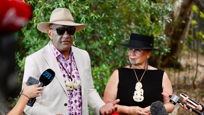 Te Pāti Māori co-leaders Rawiri Waititi and Debbie Ngarewa-Packer announce a new policy at Waitangi. Photo / Dean Purcell
