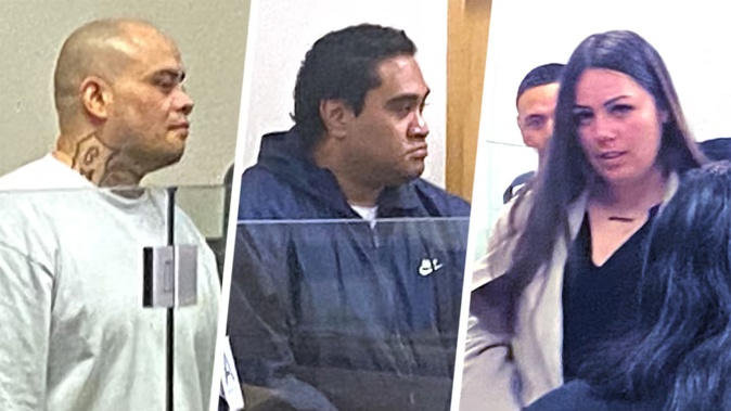 Mitchell Turner (left), Manase Holani and Jade Stacey appear in Auckland District Court for sentencing for the February 2023 kidnapping of a man who was dragged out of Glenfield Library after his fingertip was cut off. Photo / Craig Kapitan