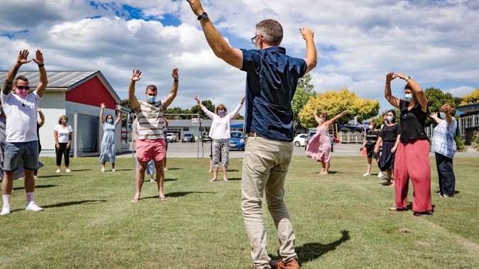 Mindfulness facilitator, Auckland's Daniel Devcich, taking Taradale Primary teaching staff through exercises. (Photo / Warren Buckland)