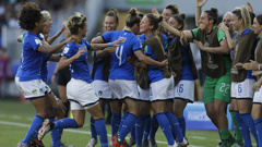 Italy players celebrate after teammate Aurora Galli scored their side's second goal during the Women's World Cup round of 16 football match between Italy and China. (Photo / AP)