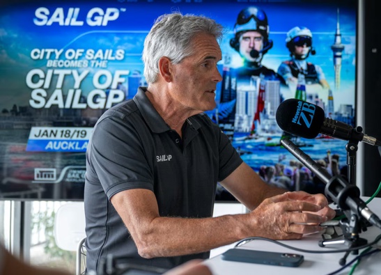 Sir Russell Coutts speaks to Newstalk ZB's Jason Pine during the Auckland SailGP event. Photo / Jason Ludlow, SailGP