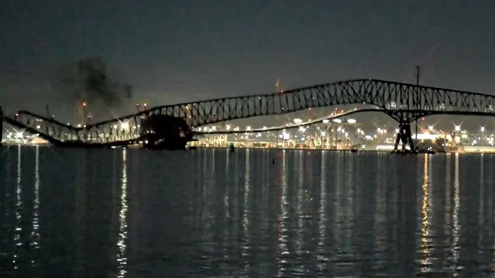 A portion of the Francis Scott Key Bridge in Baltimore has collapsed after a large boat collided with it. Photo / StreamLive Baltimore