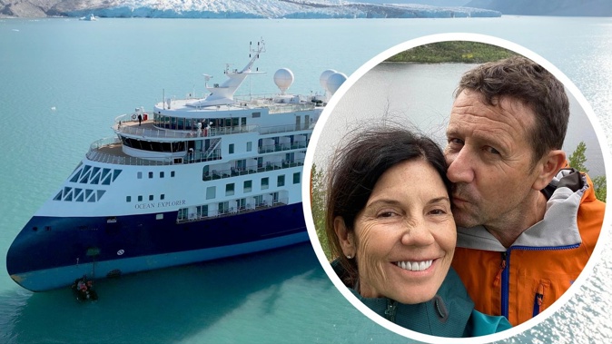 Passengers Gina Hill and Steven Fraser, from Newport, are stuck aboard the Ocean Explorer in Greenland. Photo / Sirius, Arktisk Kommando; Steven Fraser