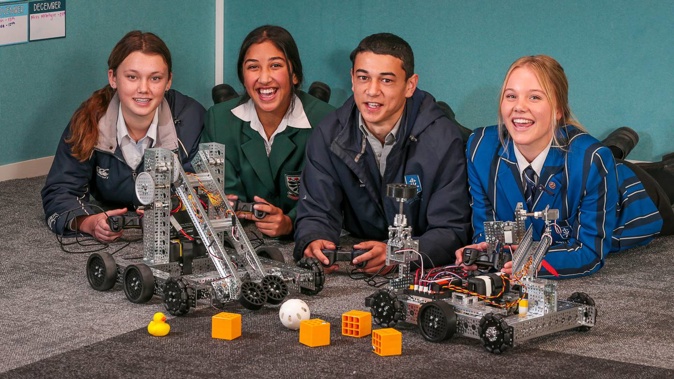 Ella White, Mary-Jane Richards, Jimmy August and Ruby Langford are four of the six Hawke's Bay students selected to be support members for the New Zealand squad attending the First Robotic World Cup held in Houston, Texas, in April. Photo / Paul Taylor