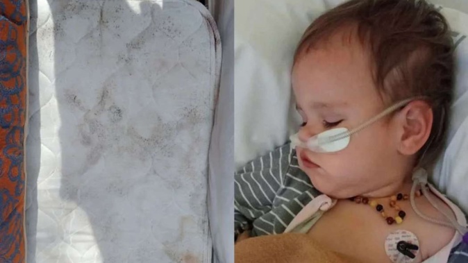 Mould on a mattress, and Samantha Moore's child in hospital. Photo / Samantha Moore