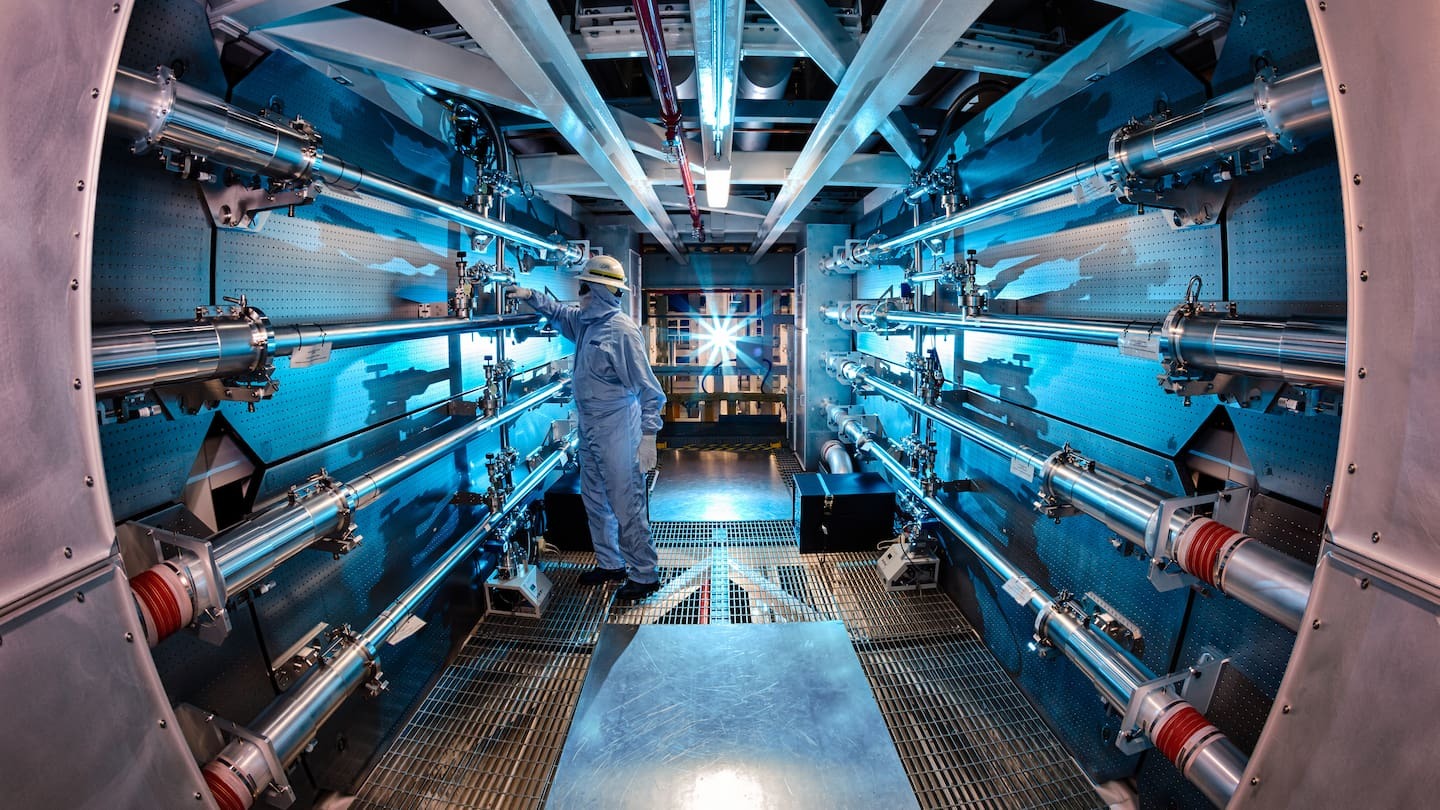 A US government photo shows a technician inside the preamplifier support structure of the National Ignition Facility of the Lawrence Livermore National Laboratory in California. It is a federal nuclear weapons facility. Photo / Lawrence Livermore National Laboratory