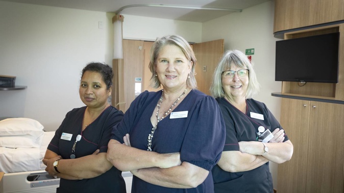 Southern Cross Rotorua Hospital general manager Stephanie Thomson (centre) with healthcare assistants Nayomi Munasingha (left) and Margaret Dennis. Photo / Andrew Warner