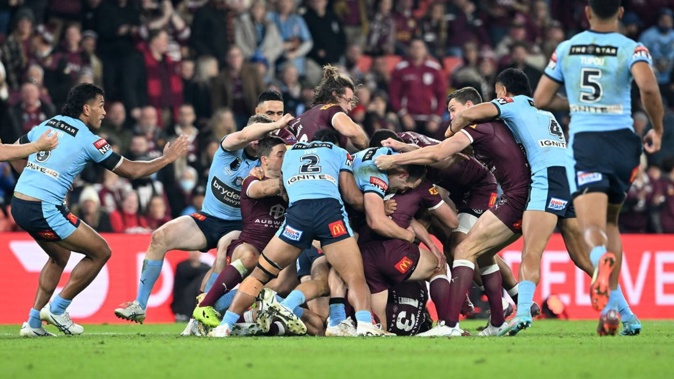 Players scuffle during game three of the 2022 State of Origin Series. Photo / Getty