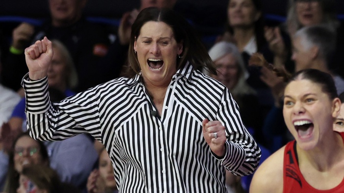 Donna Wilkins coach of the Mainland Tactix celebrates (R) during the ANZ Premiership Grand Final match between Northern Mystics and Mainland Tactix at The Trusts Arena on July 27, 2025 in Auckland, New Zealand. (Photo by Fiona Goodall/Getty Images)
