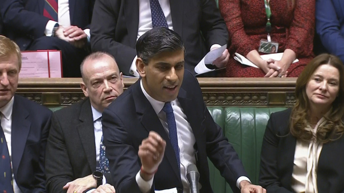 In this photo issued by UK Parliament, Britain's Prime Minister Rishi Sunak speaks during Prime Minister's Questions in the House of Commons, London, Wednesday Jan. 17, 2024. Photo / UK Parliament via AP