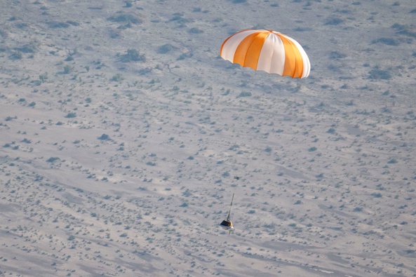A training model of the sample return capsule was released from an aircraft in August to simulate what recovery operations will look like. (Photo / NASA)