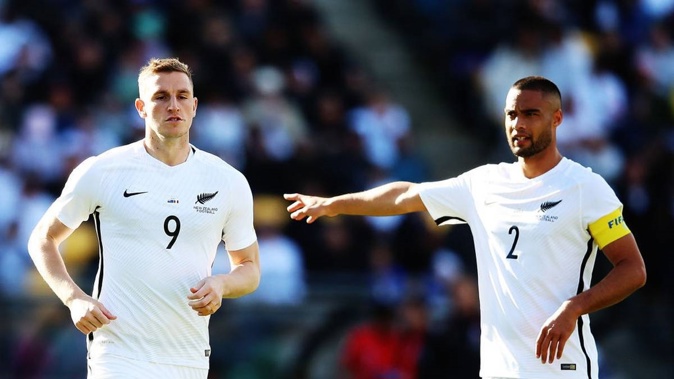 Chris Wood (left) and Winston Reid during the All Whites last home game, against Peru in 2017. Photo / Getty Images
