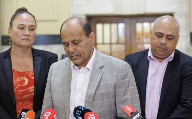 Labour MPs, from left, Carmel Sepuloni, Willie Jackson and Peeni Henare paying tribute to Te Pati Maori MP Takutai Moana Natasha Kemp, Parliament, Wellington. 26 June, 2025. NZ Herald photograph by Mark Mitchell