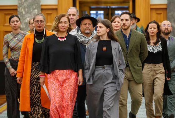 Green Party co-leaders, Marama Davidson and Chlöe Swarbrick attended a press conference today with Green MPs. Photo / Mark Mitchell